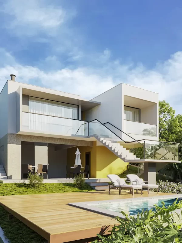 Casa moderna de dois andares situada em uma encosta.