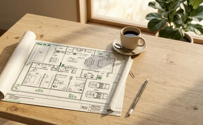 Planta arquitetônica sobre mesa de trabalho, com régua de escala e xícara de café, representando o planejamento de um projeto de arquitetura