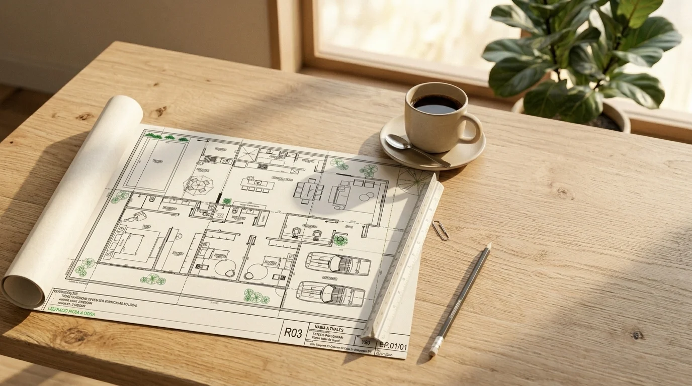 Planta arquitetônica sobre mesa de trabalho, com régua de escala e xícara de café, representando o planejamento de um projeto de arquitetura